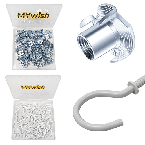 Mywish 100Pcs 1/4-20 Nut, T Nuts 4-Jaw Tee Nuts for Bolts and Stem Caster Wheels & 50-Pack White Screw in Hooks, Q-Hanger Hook Screws, 1-1/4" Metal Ceiling Hooks, Screw Hooks for Outdoor Hanging Mugs