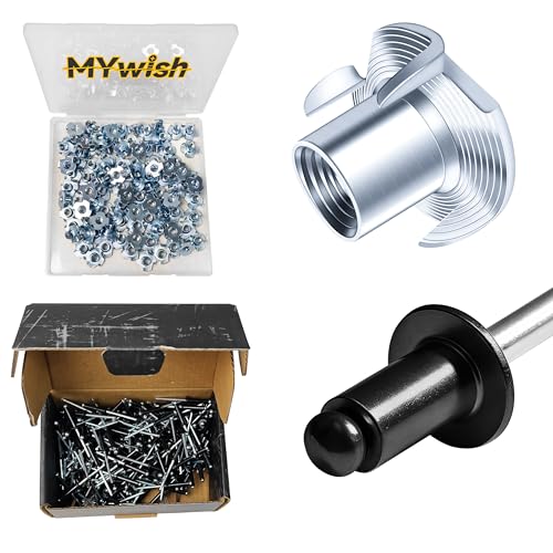Mywish 100Pcs 1/4-20 Nut, T Nuts 4-Jaw Tee Nuts for Bolts and Stem Caster Wheels & (250Pcs) 5/32" x 3/4" Black Blind Pop Rivets Aluminum Grip and Steel Mandrel Blind Rivets