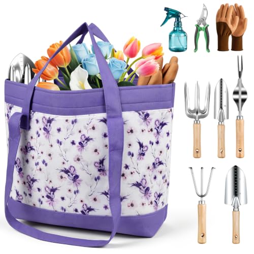 Grenebo Gardening Tools 10-Piece Garden Tool Set with Floral Bag, Purple