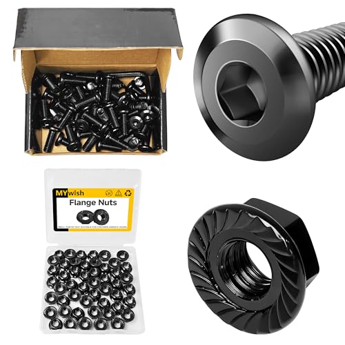 Mywish M8 x 20mm 50Pcs Flat Head Hex Socket Cap Screws Bolts & M8 Serrated Flange Hex Nuts, 50-Pack, Hex Drive M8-1.25 Hardware Nuts, 304 Stainless Steel Furniture Bolts Full Thread, Black Oxide