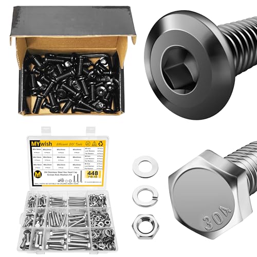 Mywish M8 x 20mm 50Pcs Flat Head Hex Socket Cap Screws Bolts & 448PCS M5 M6 M8 Screw Set, Metric Bolt Assortment, 304 Stainless Steel, Nuts and Bolts Set Flat & Spring Washers, Hex Head Cap Screws