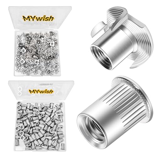 Mywish 100Pcs T Nuts, 1/4 20 Nut Hardware Nuts & 100Pcs 1/4-20 Rivet Nuts Hardware Nuts, 304 Stainless Steel Flat Head RIV Nuts, 1/4 20 Nut Threaded Inserts Rivnuts, 4-Pronged Tee Blind Nuts