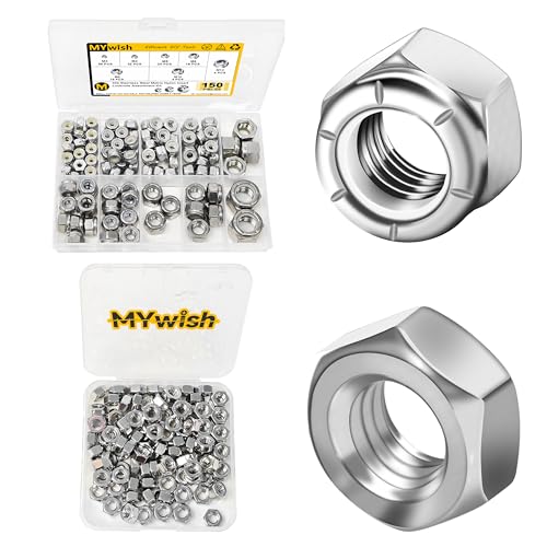 Mywish 120Pcs SAE 6#32 8#32 10#24 10#32 5/16-18 3/8-16 1/2-13 1/4-20 Hex Lock Nuts Sets & 100 Pcs 1/4-20 Hex Nuts, 304 Stainless Steel Hex Nuts 1/4 20 Inch, Hardware Nuts, Nylon Insert Lock Nuts