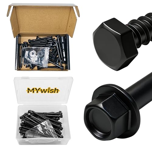 Mywish (40Sets) 1/4" x 2-1/2" Hex Head Lag Bolts & 50Pcs 4 Inch Wood Screws, #14 x 4 Heavy Duty Outdoor Wood Screws Assortment Kit Deck Screws, Black Timber Screws Lag Bolts