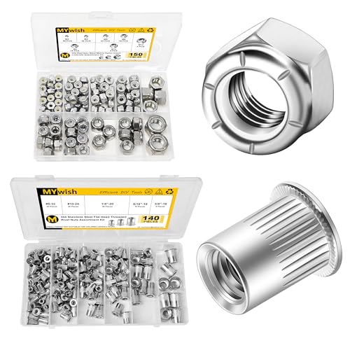 Mywish 120Pcs SAE 6#32 8#32 10#24 10#32 5/16-18 3/8-16 1/2-13 1/4-20 Hex Lock Nuts Sets & 140Pcs Rivet Nut Rivet Nuts Assortment Kit, #8-32#10-24 1/4"-20 5/16"-18 3/8"-16, 304 Stainless Steel