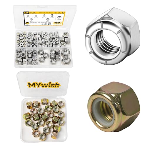 Mywish 120Pcs SAE 6#32 8#32 10#24 10#32 5/16-18 3/8-16 1/2-13 1/4-20 Hex Lock Nuts Sets & 25 Pcs 3/8-16 Lock Nuts, Nylon Insert Locknuts, Coarse Thread Hex Nuts, Nylon Insert Lock Nuts Assortment Kit