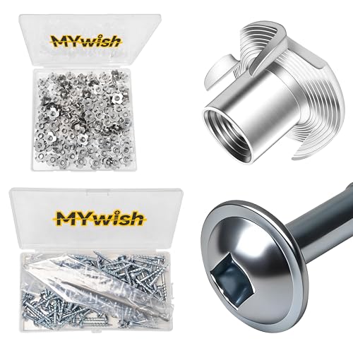 Mywish 100Pcs T Nuts, 1/4 20 Nut Hardware Nuts & 100Pcs 1-1/4 Pocket Hole Screws, Wood Screws #8 x 1-1/4" Washer Head Square Drive Self Tapping Pocket Screws, 4-Pronged Tee Blind Nuts