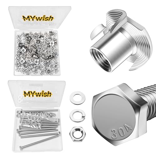 Mywish 100Pcs T Nuts, 1/4 20 Nut Hardware Nuts & (10 Sets) 1/4-20x4 Hex Head Assorted Screws Nuts and Bolts with Flat & Lock Washers, 4-Pronged Tee Blind Nuts Threaded Insert T Nuts 1/4-20"