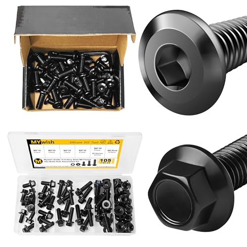 Mywish M8 x 20mm 50Pcs Flat Head Hex Socket Cap Screws Bolts & 105Pcs M8x1.25 Bolt x 16/20/25/30/35mm Flanged Hex Head Bolts, M8 Flange Hexagon Screws Serrated Flange Nuts and Bolts Assortment Kit