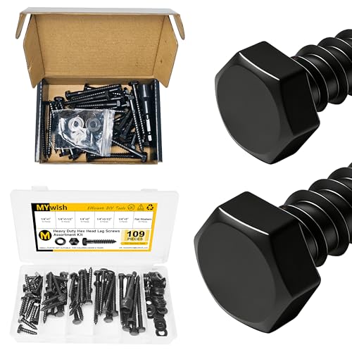 Mywish (40Sets) 1/4" x 2-1/2" Hex Head Lag Bolts & 109Pcs 1/4" Hex Head Lag Screws Assortment Kit, Heavy Duty Lag Bolts with Washers, 304 Stainless Steel Bolts 18-8, 5-Size Wood Screws for Outdoor