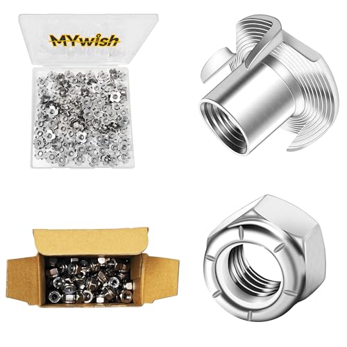 Mywish 100Pcs T Nuts, 1/4 20 Nut Hardware Nuts & 120Pcs 1/4-20 Lock Nuts, 304 (A2-70) Stainless Steel Nylon Insert Locknuts, Standard Inch Thread Nylon Hex Nuts, 4-Pronged Tee Blind Nuts Threaded Inse