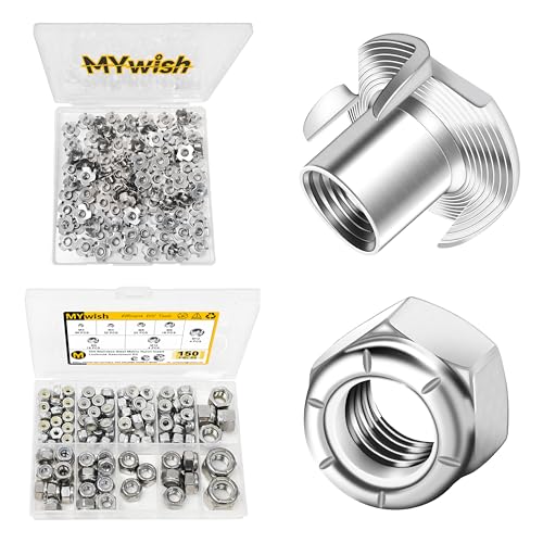 Mywish 100Pcs T Nuts, 1/4 20 Nut Hardware Nuts & 120Pcs SAE Nylon Insert Lock Nuts Assortment Kit, 6#32 8#32 10#24 10#32 5/16-18 3/8-16 1/2-13 1/4-20 Hex Locknuts Sets, 304 Stainless Steel