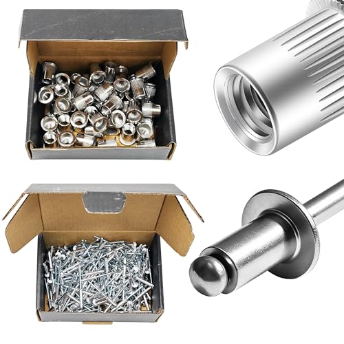 Mywish 50Pcs 3/8 Rivet Nuts & (250Pcs) 5/32" x 3/4" Blind Pop Rive Aluminum Grip and Steel Mandrel Blind Rivet, Rivnuts Rivets Nutserts, Rivets for Metal Hardware Nuts, Knurled Body