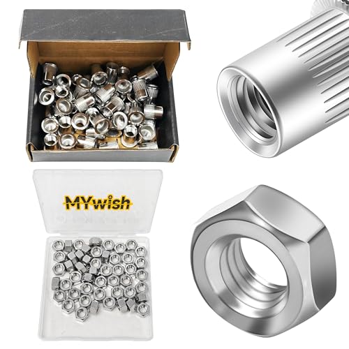 Mywish 50Pcs 3/8 Rivet Nuts & 3/8-16 Hex Nuts, 50Pcs Hardware Nuts, 304 Stainless Steel 18-8 Bright Finish Hex Nuts 3/8 16 Inch, 3/8-16 Nut Threaded Inserts Rivnuts, Rivnuts Rivets Nutserts