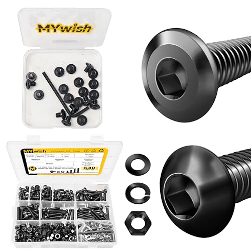 Mywish M6 x 8mm 20Pcs Flat Head Hex Socket Cap Screws Bolts & 640Pcs M6 Screw Black Bolts and Nuts Kit, M6 Socket Head Cap Screw Metric Bolts Assortment, Machine Screws, Black Oxide & Hex Spanner