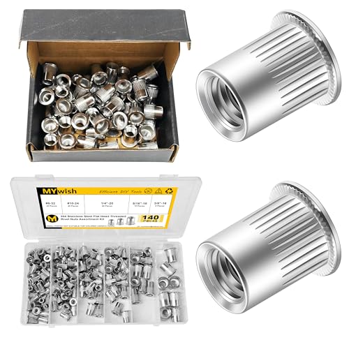 Mywish 50Pcs 3/8 Rivet Nuts & 140Pcs Rivet Nut Rivet Nuts Assortment Kit, #8-32#10-24 1/4"-20 5/16"-18 3/8"-16, 304 Stainless Steel Hardware Nuts, Knurled Body Rivnut Kit, Nutsert Threaded Inserts for