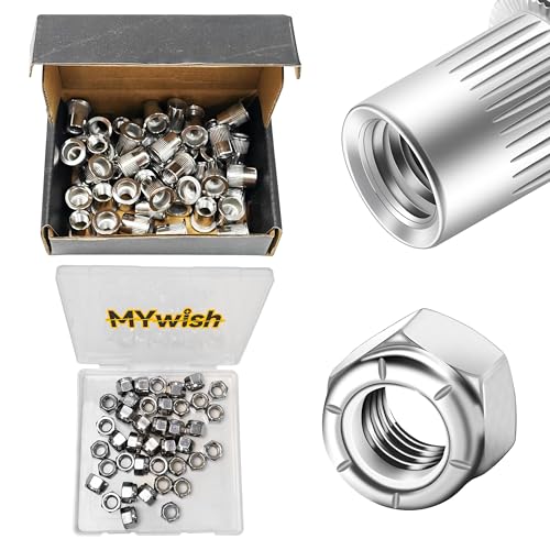 Mywish 50Pcs 3/8 Rivet Nuts & 40 Pcs3/8-16 Lock Nuts, 304 Stainless Steel Flat Head RIV Nuts, Hex Nuts Nylon Insert Locknuts, Rivnuts Rivets Nutserts, Rivets for Metal Hardware Nuts, Knurled Body