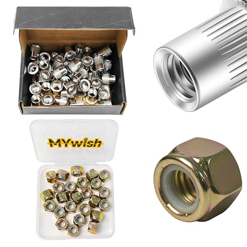 Mywish 50Pcs 3/8 Rivet Nuts & 25 Pcs 3/8-16 Lock Nuts, Nylon Insert Locknuts, Coarse Thread Hex Nuts, 3/8-16 Nut Threaded Inserts Rivnuts, Rivnuts Rivets Nutserts, Rivets for Metal Hardware Nuts