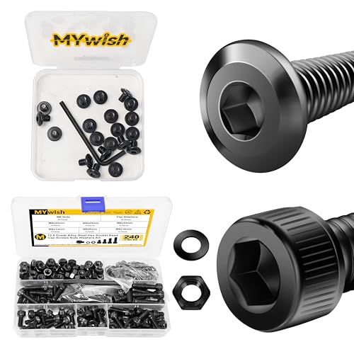 Mywish M6 x 8mm 20Pcs Flat Head Hex Socket Cap Screws Bolts & 240Pcs M6 Bolt Nuts and Bolts Assortment Kit, M6 Screw x 8/10/12/16/20/25/30mm, Metric Screw Assortment, Nuts and Bolts