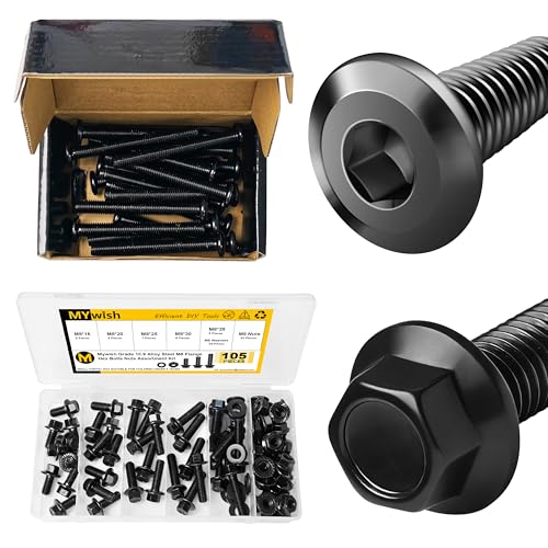 Mywish M8 x 70mm 20Pcs Flat Head Hex Socket Cap Screws Bolts & 105Pcs M8x1.25 Bolt x 16/20/25/30/35mm Flanged Hex Head Bolts, M8 Flange Hexagon Screws Serrated Flange Nuts and Bolts Assortment Kit, Bl