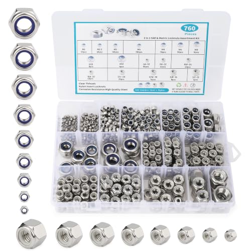 760PCS SAE & Metric Nylon Insert Lock Nuts Kit,Stainless Steel Locknuts Set