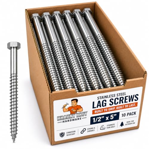 (10) 1/2" X 5" – 304-18/8 Grade Stainless Steel Heavy Duty Lag mounting Screws I Hex Head Fasteners - Use for Construction, Wood, Metal I Interior-Exterior Rust Resistant I 10 Pack