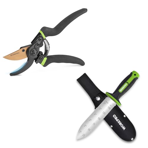 WORKPRO Hori Hori Garden Knife SK5 8.5" Bypass Pruning Shears, Die-cast Aluminum Handle, Hand Pruner for Branches, Flowers, Fruits