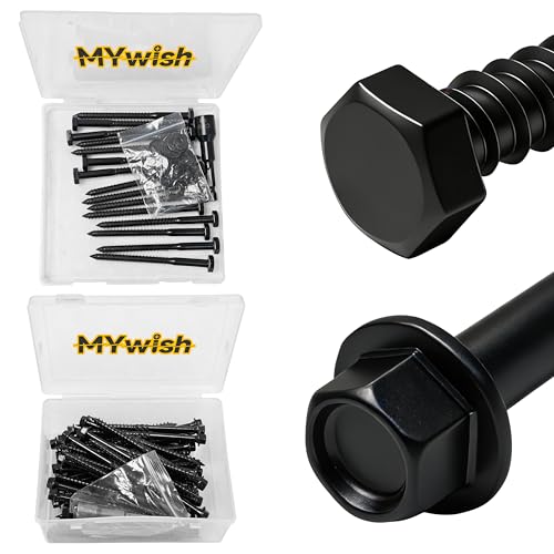 Mywish (15Sets) 1/4" x 3-1/2" Hex Head Lag Bolts & 50Pcs 4 Inch Wood Screws, #14 x 4 Heavy Duty Outdoor Wood Screws Assortment Kit Deck Screws, Black Timber Screws Lag Bolts, Lag Screws Wood Screws
