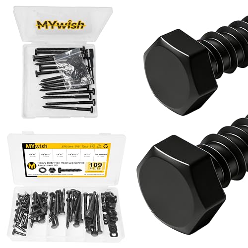 Mywish (15Sets) 1/4" x 3-1/2" Hex Head Lag Bolts & 109Pcs 1/4" Hex Head Lag Screws Assortment Kit, Heavy Duty Lag Bolts with Washers, 304 Stainless Steel Bolts 18-8, 5-Size Wood Screws for Outdoor