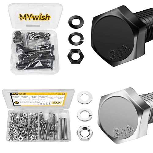 Mywish (10 Sets) 1/4-20 x 2 Hex Head Stainless Steel Bolts and Nuts & 210Pcs Hex Head Bolts and Nuts Assortment, 1/4 20 Bolt, Heavy Duty 304 Stainless Steel Bolts and Nuts Kit