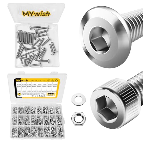 Mywish 30Pcs M6 x 30mm M6 Screws, Flat Head M6x1.0 Bolt Hex Socket Cap Screws Bolts & 900Pcs M3 M4 M5 M6 Metric Screw Assortment, 304 Stainless Steel Nuts and Bolts, Hex Socket Head Cap Metric Bolts