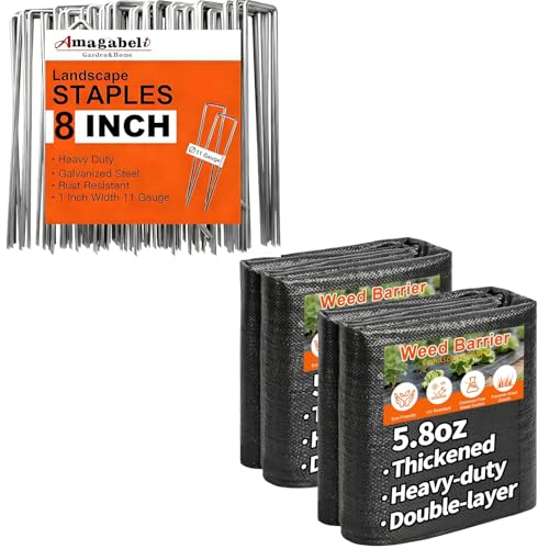 AMAGABELI 8 Inch 200 Pack Galvanized Landscape Staples 11 Gauge + 5.8oz 3ft x 50ft Weed Barrier