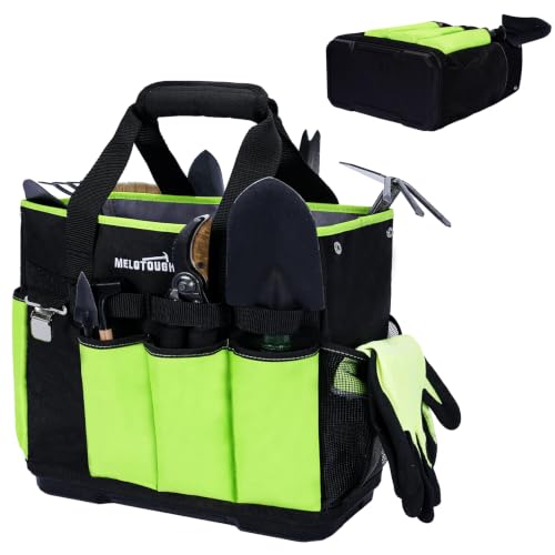 MELOTOUGH 12-Pocket Garden Tool Bag with Hard Bottom, Garden Caddy, Green