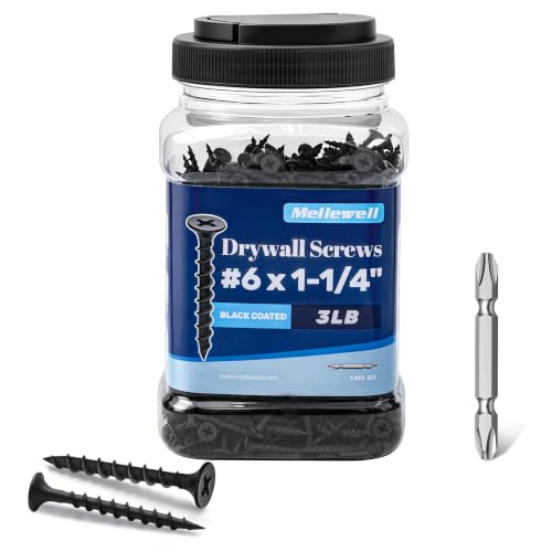 Mellewell #6 x 1-1/4" Black Coarse Thread Sharp Point Self Tapping Drywall Screws, #2 Phillips Bugle Head Wood Screw for Dry Wall Sheetrock Wood, Drive Bit Included, 3 LB #6 x 1-1/4"
