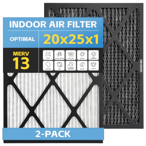 2-pack 20x25x1 Air Filter MERV 13 Activated Carbon, Heavy Duty 3 Layer Furnace Filters Pollen, Dust, Pet Dander, Smoke, Odors - HVAC Air Filter d.20x25x1-2pack