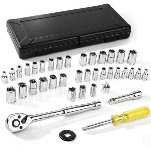 TEMPEST 40 Pieces Drive Socket Set 1/4" & 3/8" Drive, SAE and Metric CR-V Sockets, Quick-Release Ratchet Handle, Extension Bar & Adapter with Storage Case, for Automotive Repair & Home DIY