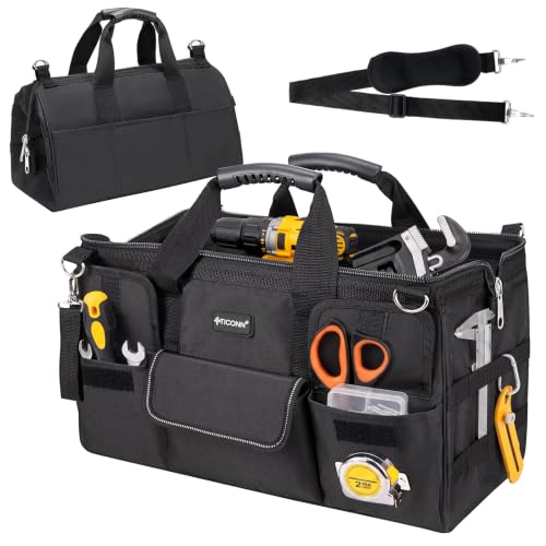 TICONN Heavy Duty Tool Bag Organizer, Portable Tool Box with Shoulder Strap 18" Standard Base Black