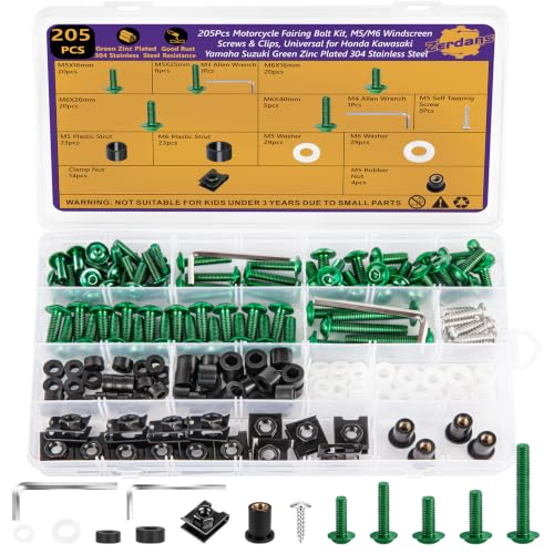 205Pcs Motorcycle Fairing Bolt Kit, M5 M6 Stainless Steel 304, Green