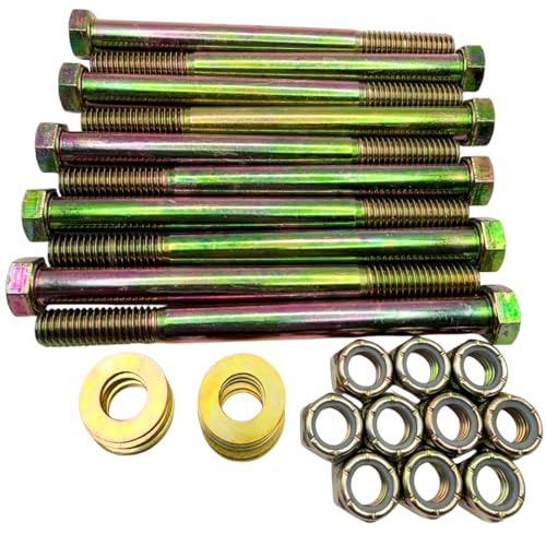 7/16"-14 x 5 Grade 8 Bolts (10-Pack) – Heavy-Duty Hex Bolts Includes Flat Washers & Nylon Lock Nuts – High-Strength SAE J429 Anti-Vibration 5.0" Coarse Thread Bolts 10 Bolts, Washers, Nuts
