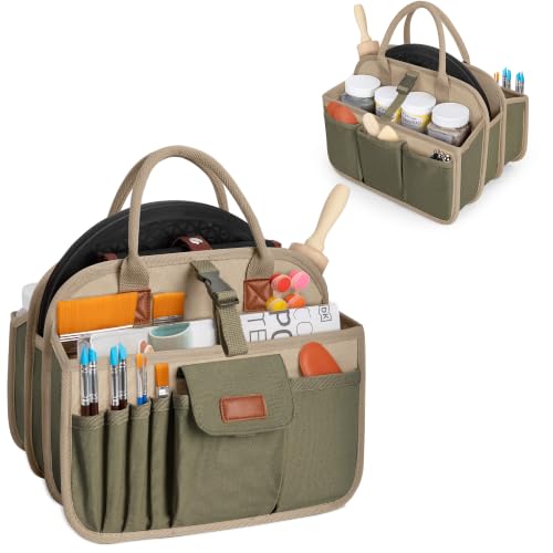 Pottery Tool Organizer Bag, Art Supply Studio Bag, Clay Tool Storage Caddy Khaki+Green