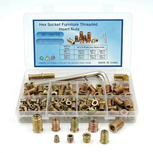 245PCS Threaded Inserts for Wood, Carbon Steel Furniture Nut Kit