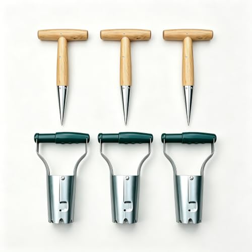 6PCS Bulb Planter and Dibber Tool Set, Transplanter with Depth Markers and Automatic Soil Release, Wood Handle Seed Planter Dibber for Planting Flowers, Tulips, Daffodils, Vegetables