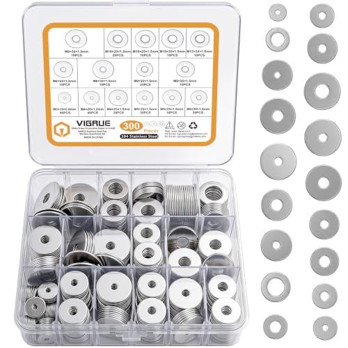 VIGRUE 300PCS Flat and Fender Washers Assortment Kit, 18-8 (304) Stainless Steel Flat Washers, 15 Assorted Sizes Metric Washers M3 M4 M5 M6 M8 M10 M12 for Screws and Bolts