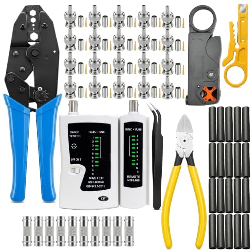 Coax cable crimper kit,BNC Crimping tool for RG58, RG59, RG62,10PCS RG58&RG59 BNC Male Crimp Connectors,10PCS BNC Female to Female Connectors,Cable Stripper, Heat Shrink Tube Coaxial Tester