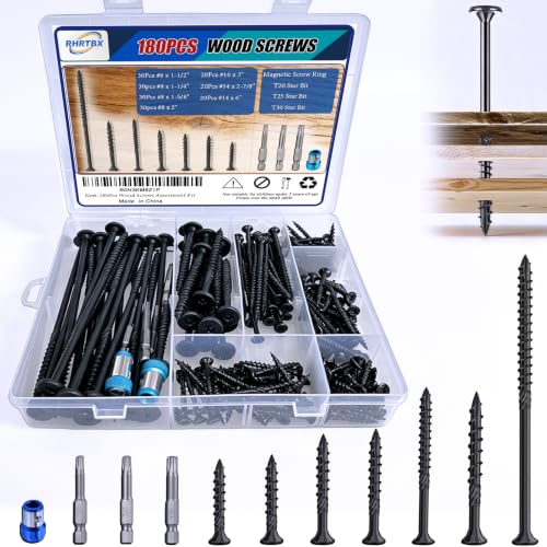 180 Piece Wood Screw Assortment Kit, Star Drive Deck Screws with Exterior Epoxy Coating, Rust Resistant Outdoor Wood Screws, Includes 7 Popular Sizes from #8, #10, #14 and 3 Star Drive Bits.