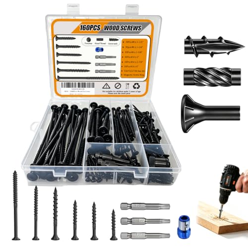 160PCS Wood Screws Set,Manganese Steel Torx Head Self Tapping Wood Screws Assortment Kit with T20/T25/T30 Star Bits & Magnetic Screw Ring,6 Sizes 1-1/2" to 6" for Woodworking,Furniture Repair