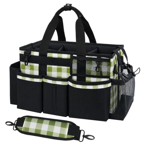 SCAVATA Wearable Cleaning Caddy, Cleaning Caddy Supplies Organizer with Handle & Shoulder Straps for Housekeepers, Under Sink & Car Cleaning Tool Organizers Bag with 4 Foldable Divider (GreenPlaid) GreenPlaid