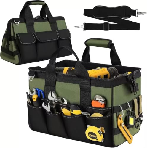 16 Inch-Wide Mouth Tool Bag, Waterproof Tool Organizer Bag, Heavy Duty Tool Bag for Tool Storage, Carrier and Organizer, Adjustable Shoulder Strap, Inside Pockets (Olive Green) Olive Green 16 IN