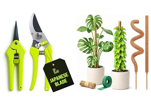 Indoor Plant Care Bundle – 2-Pack Stainless Steel Pruning Scissors & 2-Pack 28" Bendable Moss Pole Plant Supports for Monstera, Pothos, Philodendron, Climbing Indoor Plants