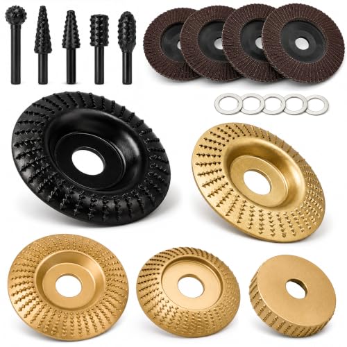 5Pcs Wood Carving Disc Set for 4-4.5 Inch Angle Grinder, Carbon Steel Wood Grinding Wheel with Stump Grinder Disc & Polishing Sandpaper for DIY Woodworking